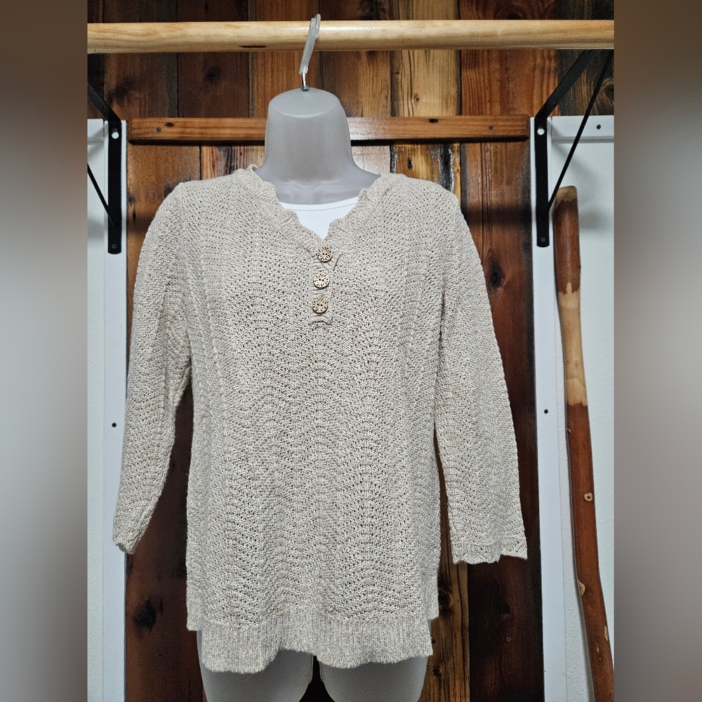Christopher & Banks Beige V-Neck Sweater with Button Accents